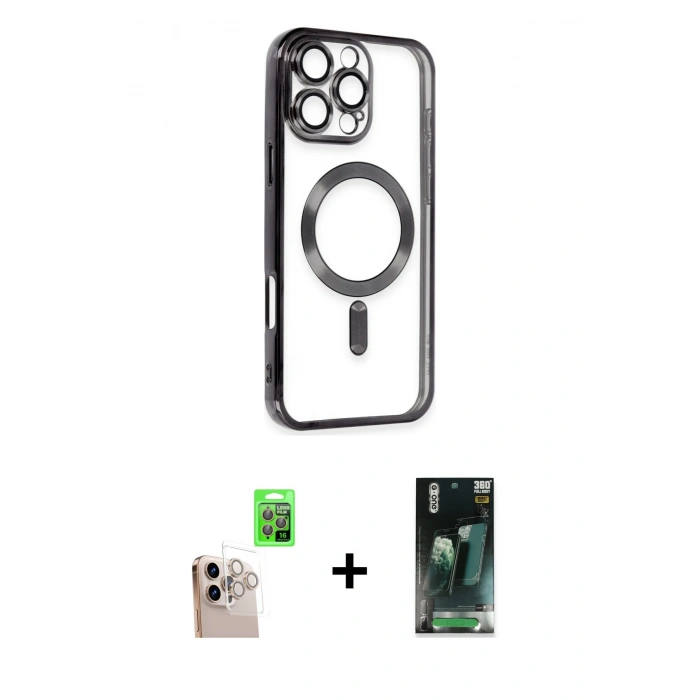 MARSİLYAN™- iPhone 16 Pro Max Kılıf Nova Işık Özel Seri - Siyah 360 Mat Full Body Arka Koruyucu + Raze Metal Kamera Lens - NLGY