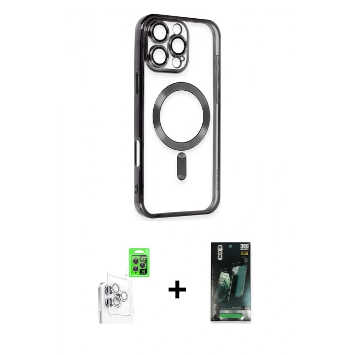 MARSİLYAN™- iPhone 16 Pro Max Kılıf Nova Işık Özel Seri - Siyah 360 Mat Full Body Arka Koruyucu + Raze Metal Kamera Lens - BZ