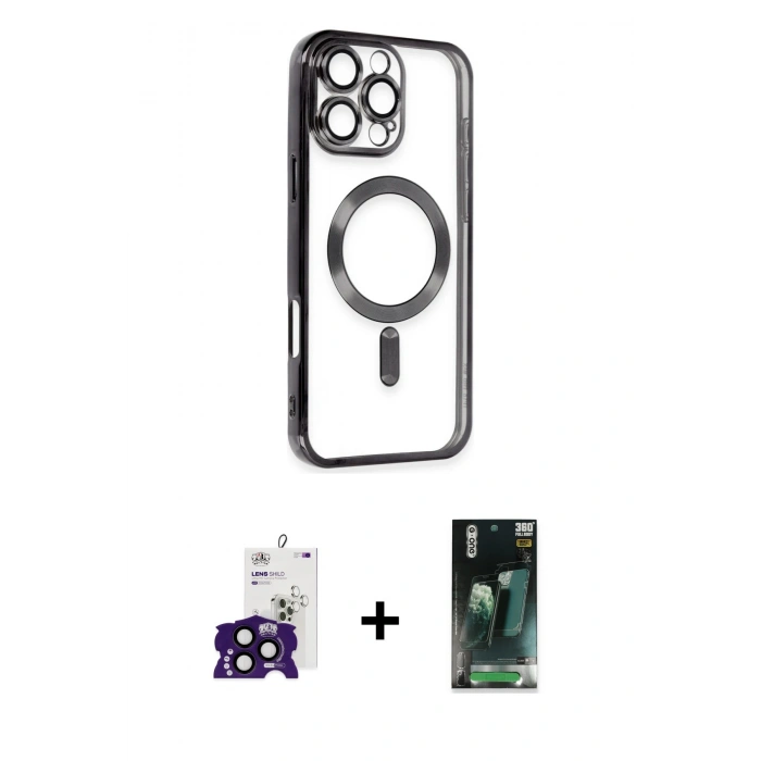 MARSİLYAN™- iPhone 16 Pro Max Kılıf Nova Işık Özel Seri - Siyah 360 Mat Full Body Arka Koruyucu + Bilvis Titan Kamera Lens - SH