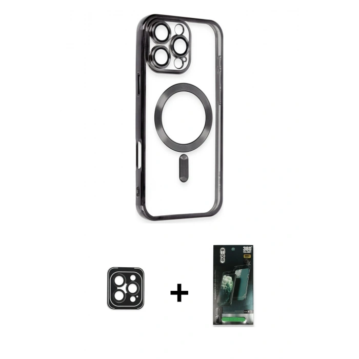 MARSİLYAN™- iPhone 16 Pro Max Kılıf Nova Işık Özel Seri - Siyah 360 Mat Full Body Arka Koruyucu + PVD Metal Kamera Lens - SH