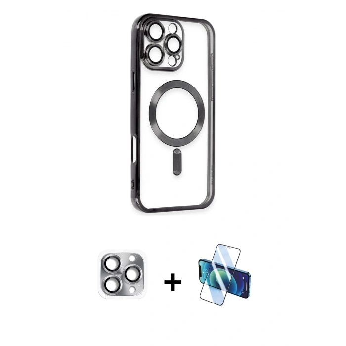 MARSİLYAN™- iPhone 16 Pro Max Kılıf Nova Işık Özel Seri - Siyah 3D Antistatik Cam Ekran Koruyucu + Pers Alüminyum Kamera Lens - GI