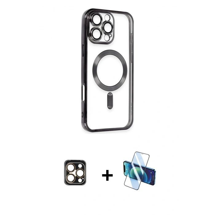 MARSİLYAN™- iPhone 16 Pro Max Kılıf Nova Işık Özel Seri - Siyah 3D Antistatik Cam Ekran Koruyucu + PVD Metal Kamera Lens - GD
