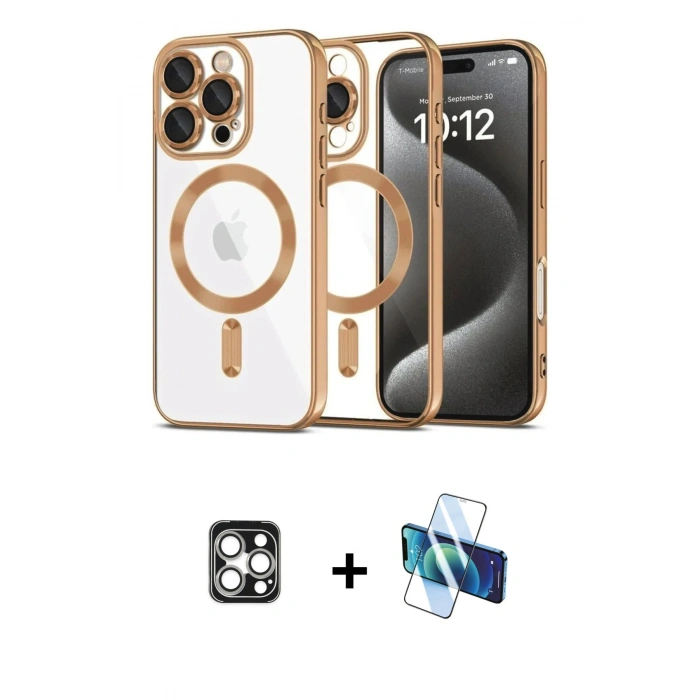 MARSİLYAN™- iPhone 16 Pro Max Kılıf Nova Işık Özel Seri - Siyah 3D Antistatik Cam Ekran Koruyucu + PVD Metal Kamera Lens - GS