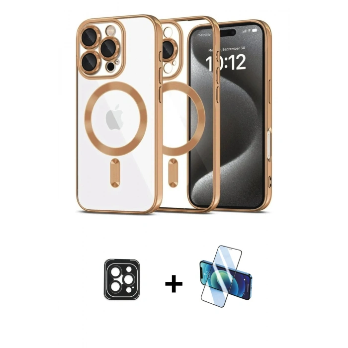 MARSİLYAN™- iPhone 16 Pro Max Kılıf Nova Işık Özel Seri - Siyah 3D Antistatik Cam Ekran Koruyucu + PVD Metal Kamera Lens - SH