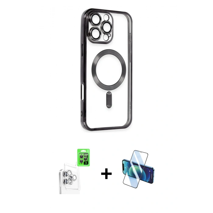 MARSİLYAN™- iPhone 16 Pro Max Kılıf Nova Işık Özel Seri - Siyah 3D Antistatik Cam Ekran Koruyucu + Raze Metal Kamera Lens - BZ