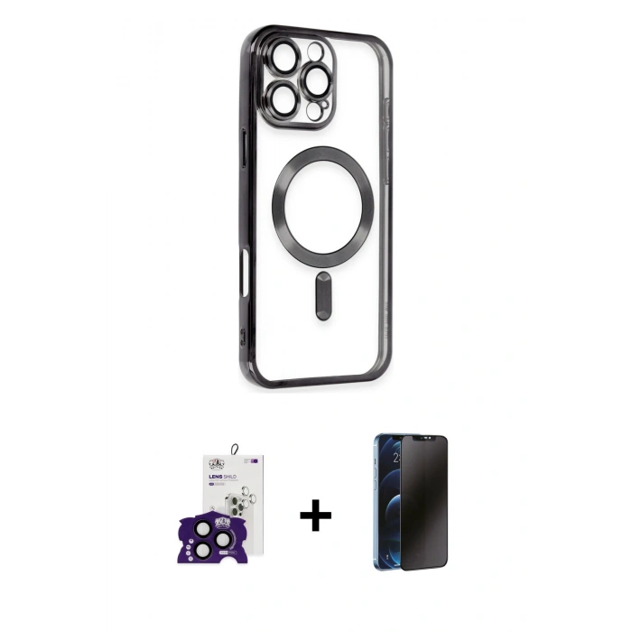 MARSİLYAN™- iPhone 16 Pro Max Kılıf Nova Işık Özel Seri - Siyah 3D Antistatik Hayalet Cam Ekran Koruyucu + Bilvis Titan Kamera Lens - SH