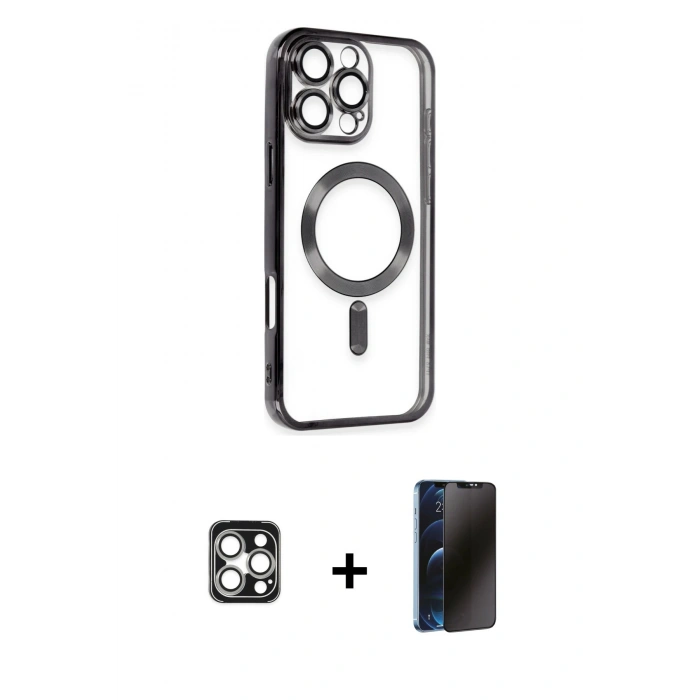 MARSİLYAN™- iPhone 16 Pro Max Kılıf Nova Işık Özel Seri - Siyah 3D Antistatik Hayalet Cam Ekran Koruyucu + PVD Metal Kamera Lens - GS