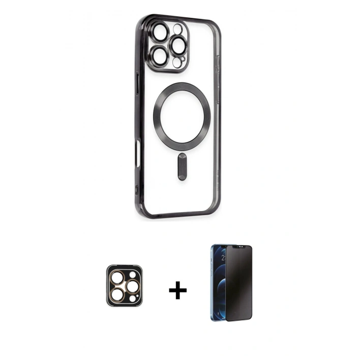 MARSİLYAN™- iPhone 16 Pro Max Kılıf Nova Işık Özel Seri - Siyah 3D Antistatik Hayalet Cam Ekran Koruyucu + PVD Metal Kamera Lens - GD
