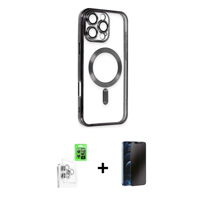 MARSİLYAN™- iPhone 16 Pro Max Kılıf Nova Işık Özel Seri - Siyah 3D Antistatik Hayalet Cam Ekran Koruyucu + Raze Metal Kamera Lens - BZ