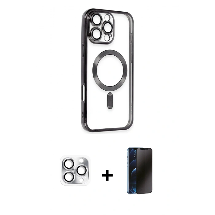 MARSİLYAN™- iPhone 16 Pro Max Kılıf Nova Işık Özel Seri - Siyah 3D Antistatik Hayalet Cam Ekran Koruyucu + Pers Alüminyum Kamera Lens - GS