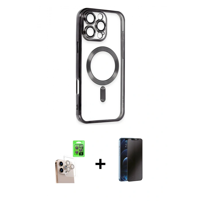 MARSİLYAN™- iPhone 16 Pro Max Kılıf Nova Işık Özel Seri - Siyah 3D Antistatik Hayalet Cam Ekran Koruyucu + Raze Metal Kamera Lens - NLGY