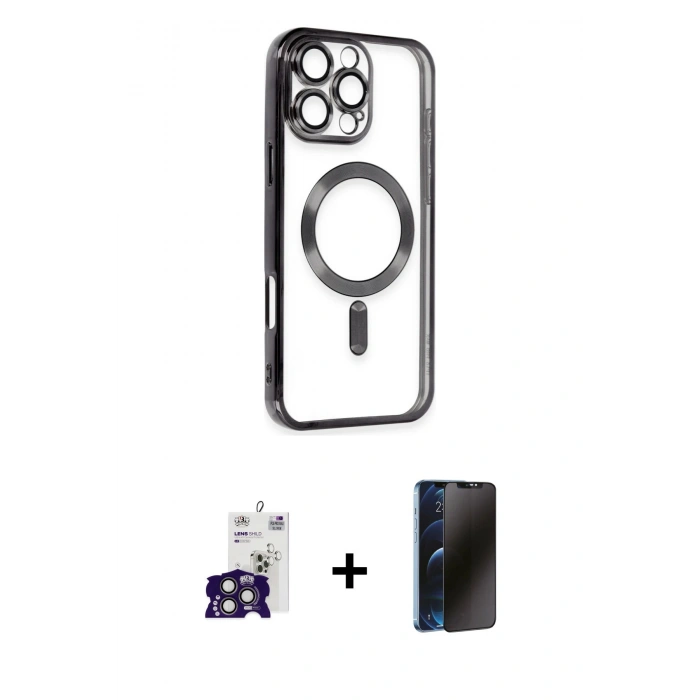MARSİLYAN™- iPhone 16 Pro Max Kılıf Nova Işık Özel Seri - Siyah 3D Antistatik Hayalet Cam Ekran Koruyucu + Bilvis Titan Kamera Lens - TMGI