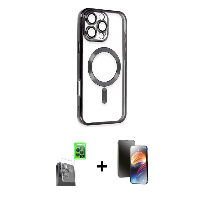 MARSİLYAN™- iPhone 16 Pro Max Kılıf Nova Işık Özel Seri - Siyah 3D Antistatik Mat Seramik Nano Ekran Koruyucu + Raze Metal Kamera Lens - SH