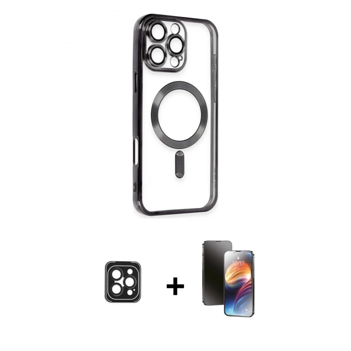 MARSİLYAN™- iPhone 16 Pro Max Kılıf Nova Işık Özel Seri - Siyah 3D Antistatik Mat Seramik Nano Ekran Koruyucu + Siyah PVD Metal Kamera Lens