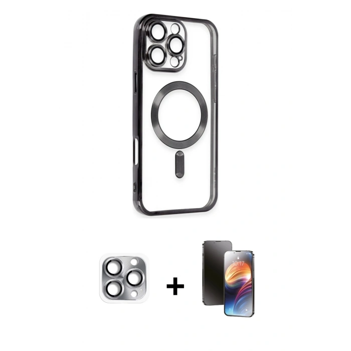 MARSİLYAN™- iPhone 16 Pro Max Kılıf Nova Işık Özel Seri - Siyah 3D Antistatik Mat Seramik Nano Ekran Koruyucu + Pers Alüminyum Kamera Lens - GI