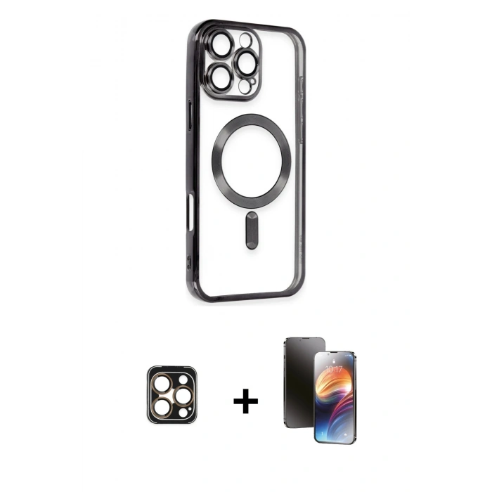 MARSİLYAN™- iPhone 16 Pro Max Kılıf Nova Işık Özel Seri - Siyah 3D Antistatik Mat Seramik Nano Ekran Koruyucu + PVD Metal Kamera Lens - GD