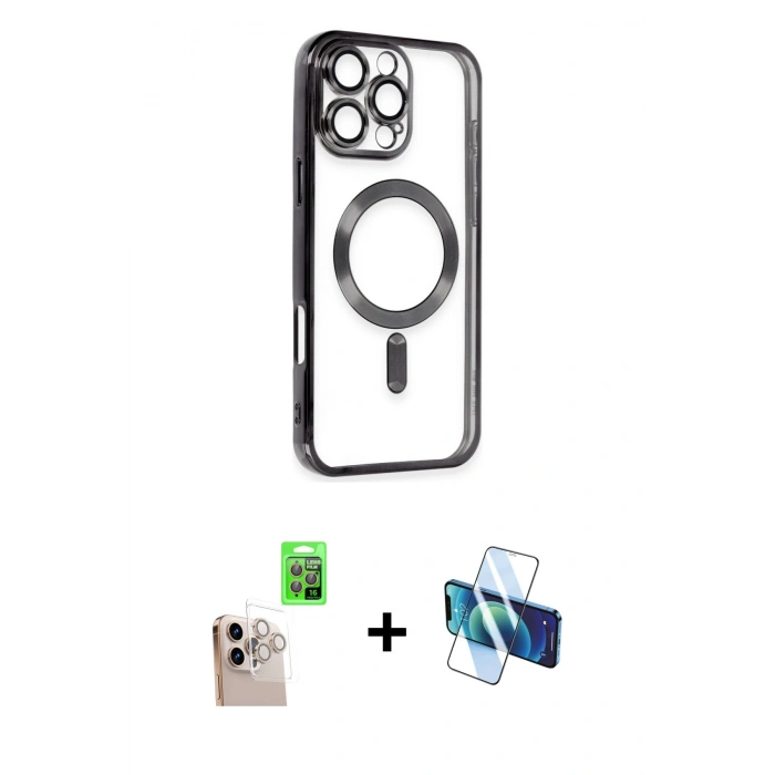 MARSİLYAN™- iPhone 16 Pro Max Kılıf Nova Işık Özel Seri - Siyah 3D Antistatik Seramik Nano Ekran Koruyucu + Raze Metal Kamera Lens - NLGY
