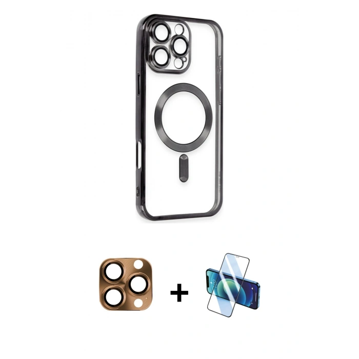 MARSİLYAN™- iPhone 16 Pro Max Kılıf Nova Işık Özel Seri - Siyah 3D Antistatik Seramik Nano Ekran Koruyucu + Pers Alüminyum Kamera Lens - CLTM