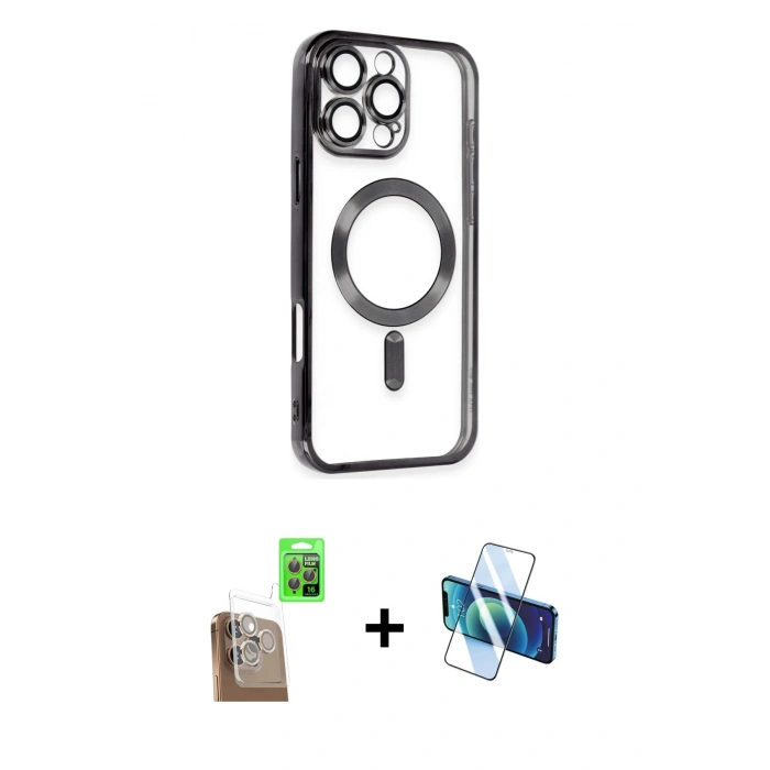 MARSİLYAN™- iPhone 16 Pro Max Kılıf Nova Işık Özel Seri - Siyah 3D Antistatik Seramik Nano Ekran Koruyucu + Raze Metal Kamera Lens - CLTM