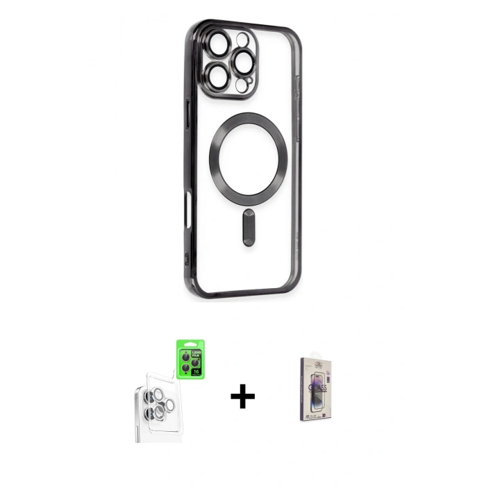 MARSİLYAN™- iPhone 16 Pro Max Kılıf Nova Işık Özel Seri - Siyah Bilvis 3D Cam Ekran Koruyucu + Raze Metal Kamera Lens - BZ