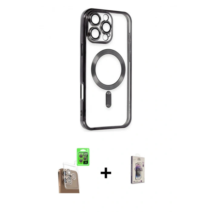 MARSİLYAN™- iPhone 16 Pro Max Kılıf Nova Işık Özel Seri - Siyah Bilvis 3D Cam Ekran Koruyucu + Çöl Titanyum Raze Metal Kamera Lens