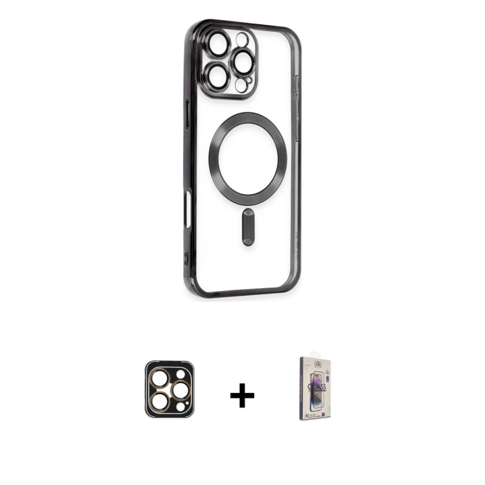 MARSİLYAN™- iPhone 16 Pro Max Kılıf Nova Işık Özel Seri - Siyah Bilvis 3D Cam Ekran Koruyucu + Gold PVD Metal Kamera Lens