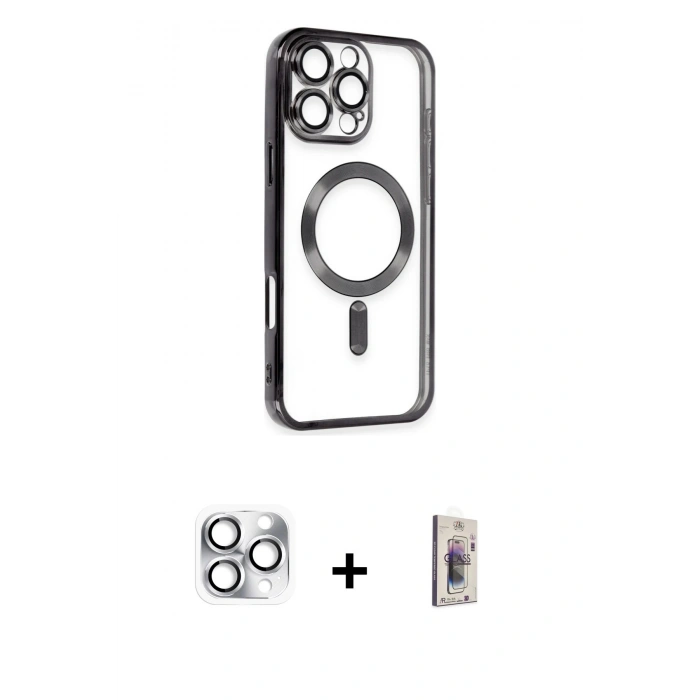 MARSİLYAN™- iPhone 16 Pro Max Kılıf Nova Işık Özel Seri - Siyah Bilvis 3D Cam Ekran Koruyucu + Pers Alüminyum Kamera Lens - GS