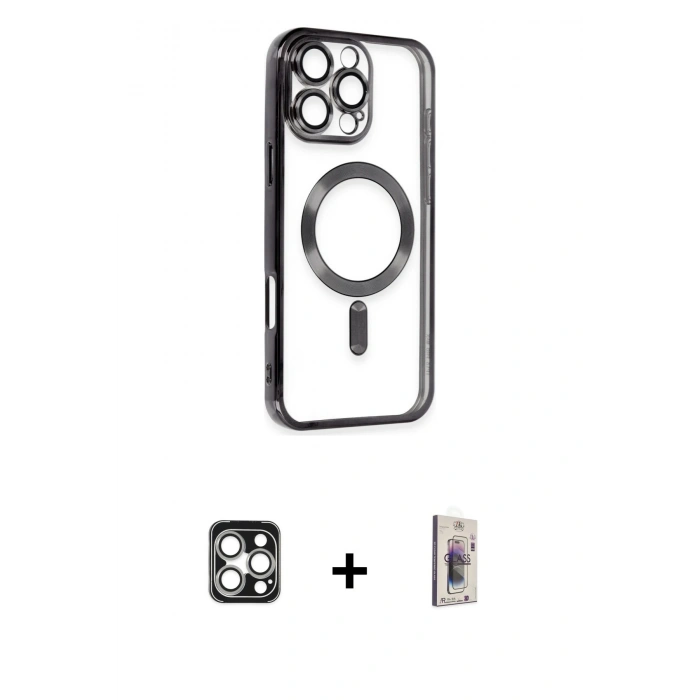 MARSİLYAN™- iPhone 16 Pro Max Kılıf Nova Işık Özel Seri - Siyah Bilvis 3D Cam Ekran Koruyucu + PVD Metal Kamera Lens - GS