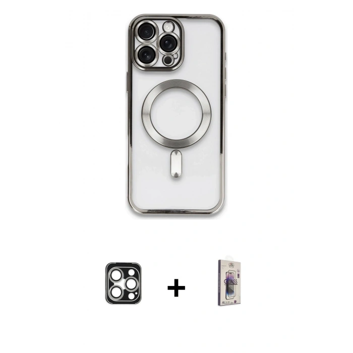 MARSİLYAN™- iPhone 16 Pro Max Kılıf Nova Işık Özel Seri - Siyah Bilvis 3D Cam Ekran Koruyucu + PVD Metal Kamera Lens - GS