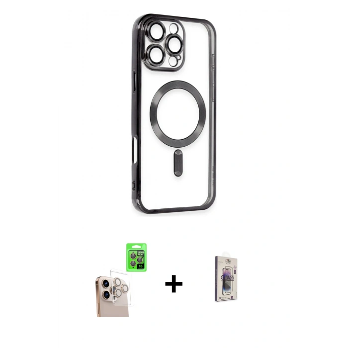 MARSİLYAN™- iPhone 16 Pro Max Kılıf Nova Işık Özel Seri - Siyah Bilvis 3D Cam Ekran Koruyucu + Raze Metal Kamera Lens - NLGY