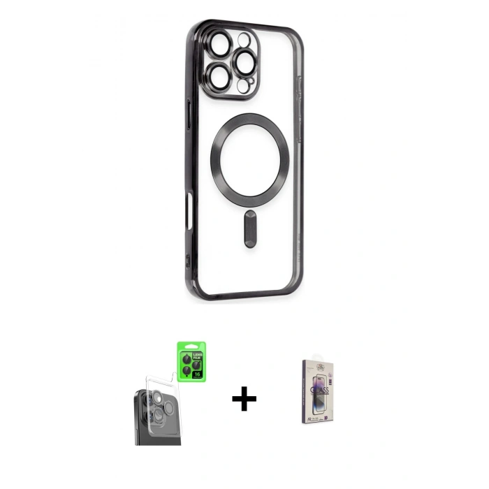 MARSİLYAN™- iPhone 16 Pro Max Kılıf Nova Işık Özel Seri - Siyah Bilvis 3D Cam Ekran Koruyucu + Raze Metal Kamera Lens - SH