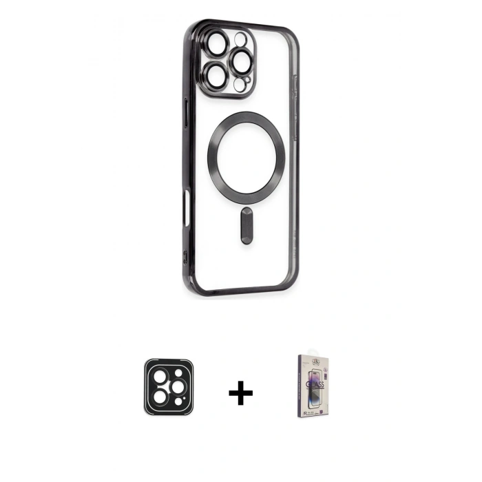 MARSİLYAN™- iPhone 16 Pro Max Kılıf Nova Işık Özel Seri - Siyah Bilvis 3D Cam Ekran Koruyucu + PVD Metal Kamera Lens - SH
