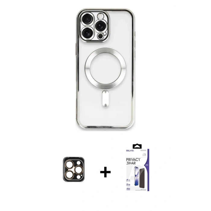 MARSİLYAN™- iPhone 16 Pro Max Kılıf Nova Işık Özel Seri - Siyah Bilvis 3X AR Hayalet Cam Ekran Koruyucu + PVD Metal Kamera Lens - GD