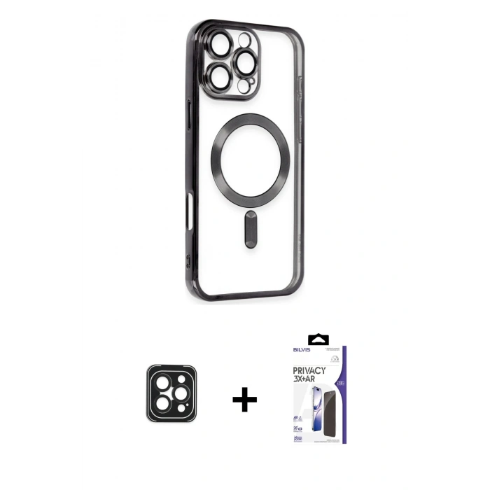 MARSİLYAN™- iPhone 16 Pro Max Kılıf Nova Işık Özel Seri - Siyah Bilvis 3X AR Hayalet Cam Ekran Koruyucu + PVD Metal Kamera Lens - SH
