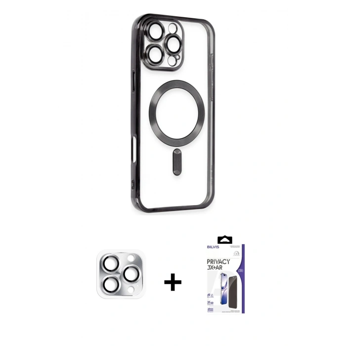 MARSİLYAN™- iPhone 16 Pro Max Kılıf Nova Işık Özel Seri - Siyah Bilvis 3X AR Hayalet Cam Ekran Koruyucu + Pers Alüminyum Kamera Lens - GS