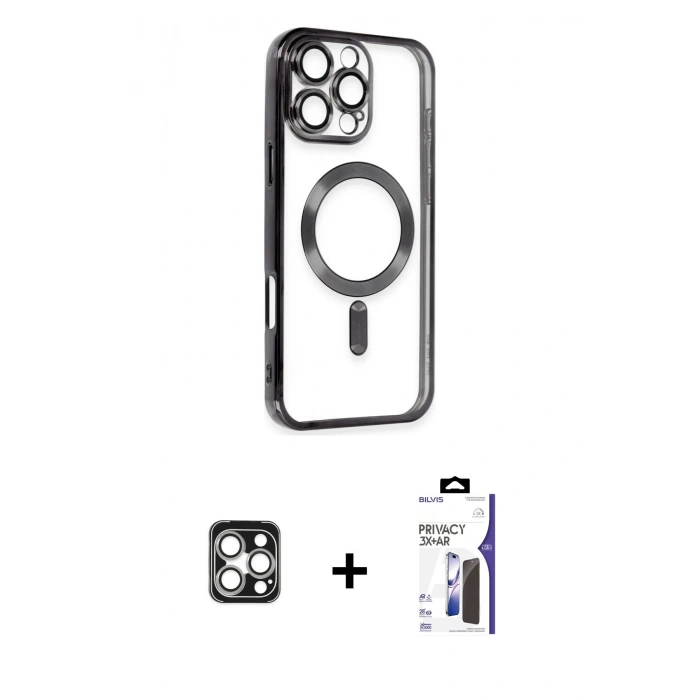 MARSİLYAN™- iPhone 16 Pro Max Kılıf Nova Işık Özel Seri - Siyah Bilvis 3X AR Hayalet Cam Ekran Koruyucu + PVD Metal Kamera Lens - GS