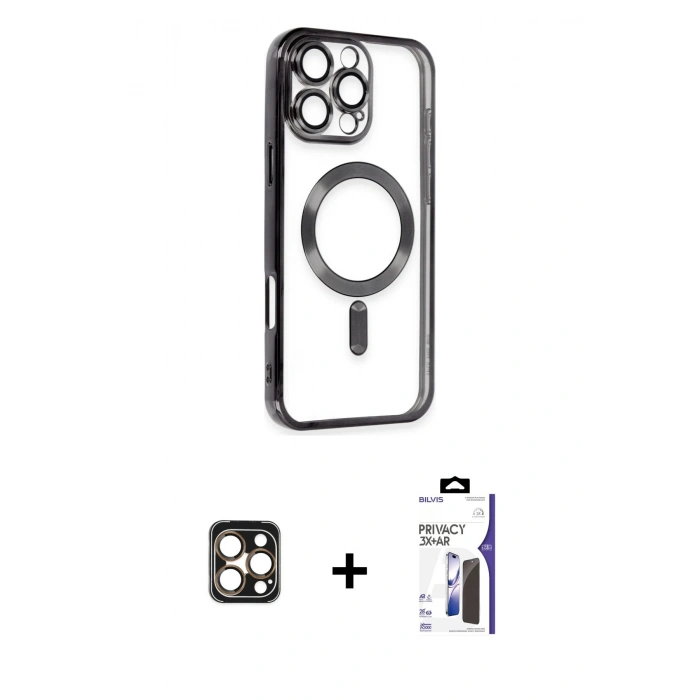 MARSİLYAN™- iPhone 16 Pro Max Kılıf Nova Işık Özel Seri - Siyah Bilvis 3X AR Hayalet Cam Ekran Koruyucu + PVD Metal Kamera Lens - GD