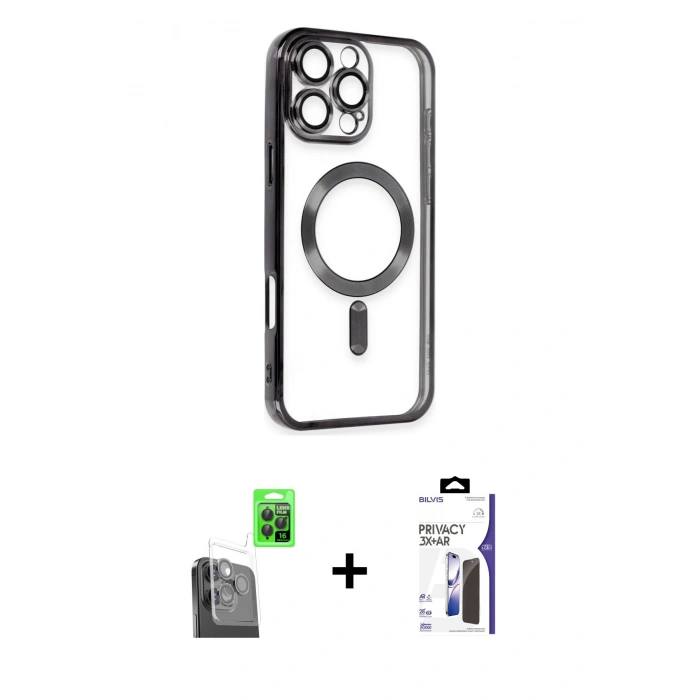 MARSİLYAN™- iPhone 16 Pro Max Kılıf Nova Işık Özel Seri - Siyah Bilvis 3X AR Hayalet Cam Ekran Koruyucu + Raze Metal Kamera Lens - SH