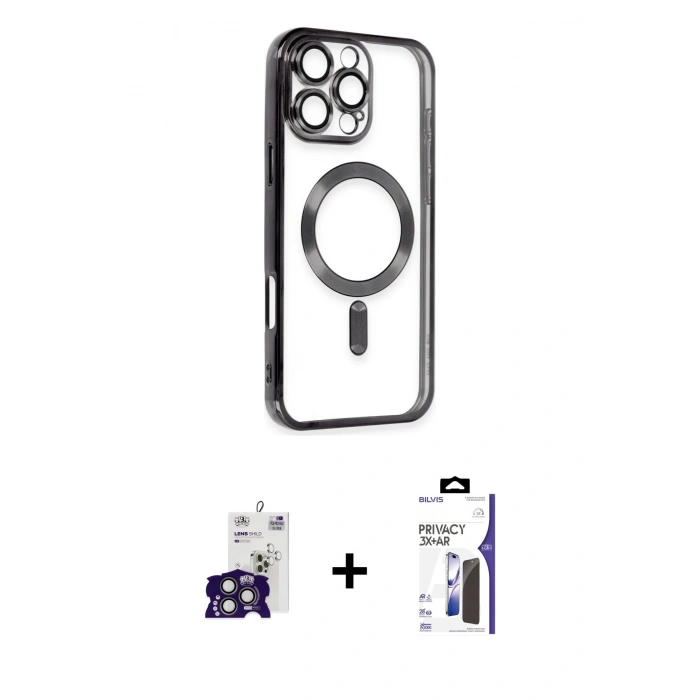 MARSİLYAN™- iPhone 16 Pro Max Kılıf Nova Işık Özel Seri - Siyah Bilvis 3X AR Hayalet Cam Ekran Koruyucu + Bilvis Titan Kamera Lens - TMGI