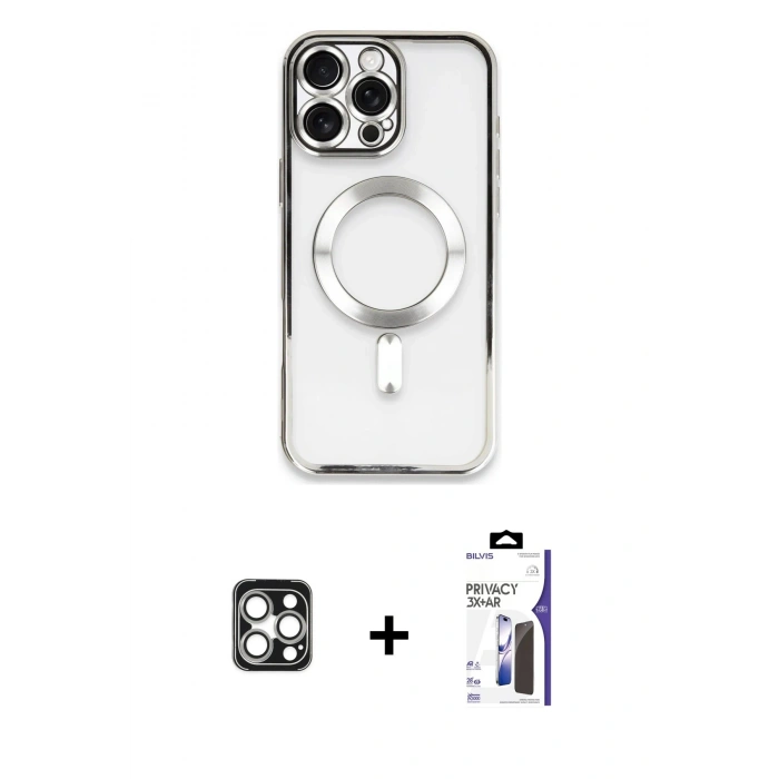 MARSİLYAN™- iPhone 16 Pro Max Kılıf Nova Işık Özel Seri - Siyah Bilvis 3X AR Hayalet Cam Ekran Koruyucu + PVD Metal Kamera Lens - GS