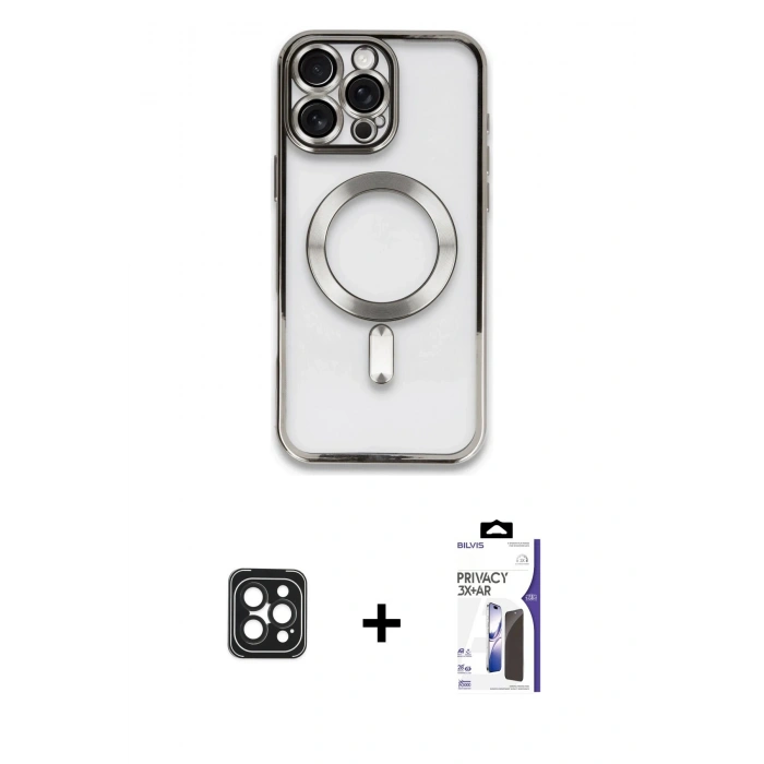 MARSİLYAN™- iPhone 16 Pro Max Kılıf Nova Işık Özel Seri - Siyah Bilvis 3X AR Hayalet Cam Ekran Koruyucu + PVD Metal Kamera Lens - SH