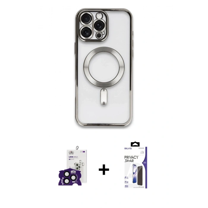 MARSİLYAN™- iPhone 16 Pro Max Kılıf Nova Işık Özel Seri - Siyah Bilvis 3X AR Hayalet Cam Ekran Koruyucu + Bilvis Titan Kamera Lens - SH
