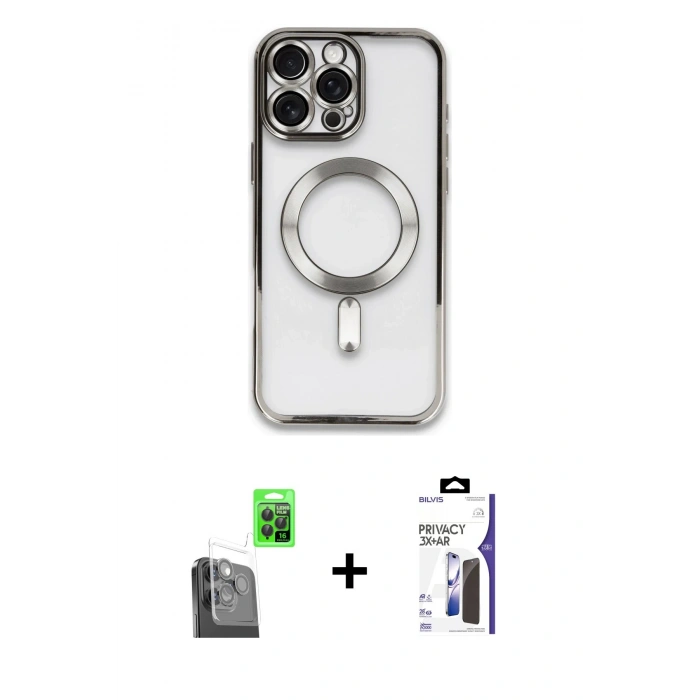 MARSİLYAN™- iPhone 16 Pro Max Kılıf Nova Işık Özel Seri - Siyah Bilvis 3X AR Hayalet Cam Ekran Koruyucu + Raze Metal Kamera Lens - SH