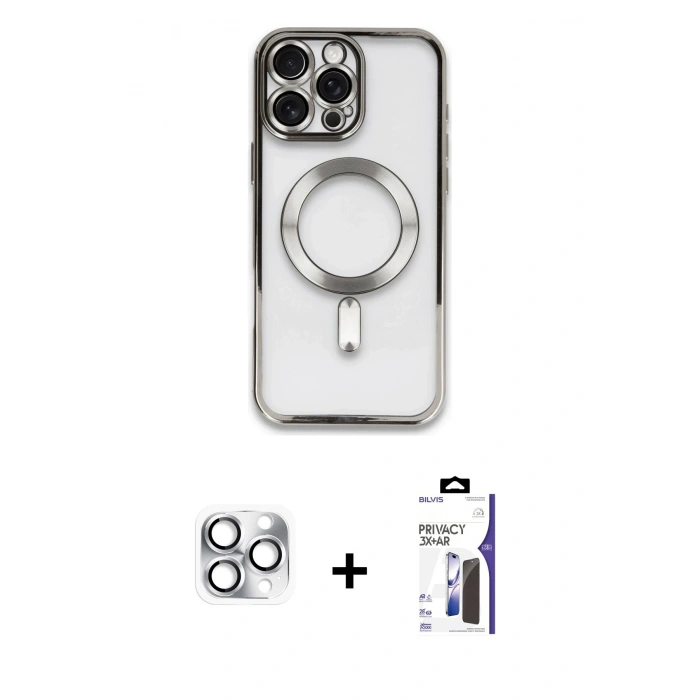 MARSİLYAN™- iPhone 16 Pro Max Kılıf Nova Işık Özel Seri - Siyah Bilvis 3X AR Hayalet Cam Ekran Koruyucu + Pers Alüminyum Kamera Lens - GS
