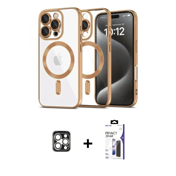 MARSİLYAN™- iPhone 16 Pro Max Kılıf Nova Işık Özel Seri - Siyah Bilvis 3X AR Hayalet Cam Ekran Koruyucu + PVD Metal Kamera Lens - GS