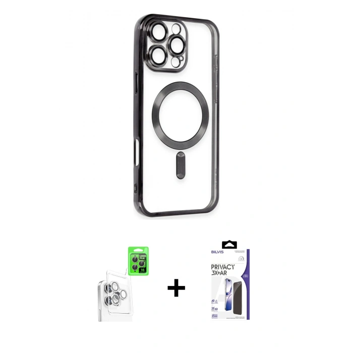 MARSİLYAN™- iPhone 16 Pro Max Kılıf Nova Işık Özel Seri - Siyah Bilvis 3X AR Hayalet Cam Ekran Koruyucu + Raze Metal Kamera Lens - BZ