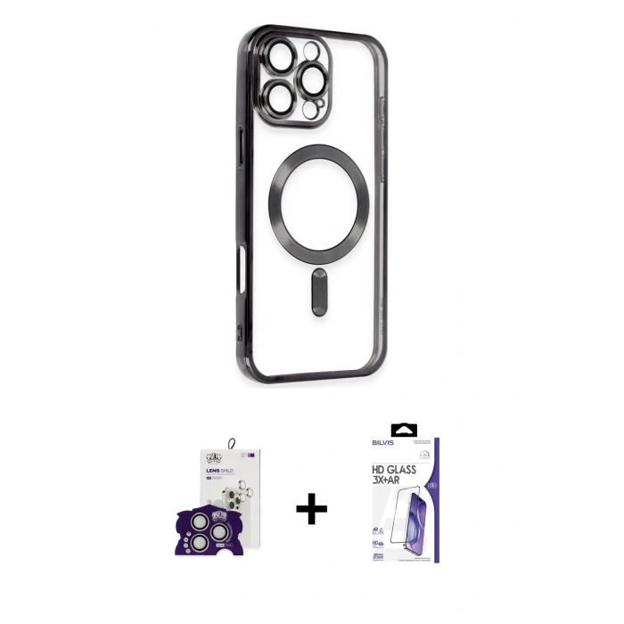 MARSİLYAN™- iPhone 16 Pro Max Kılıf Nova Işık Özel Seri - Siyah Bilvis 3X AR HD Cam Ekran Koruyucu + Bilvis Titan Kamera Lens - GS
