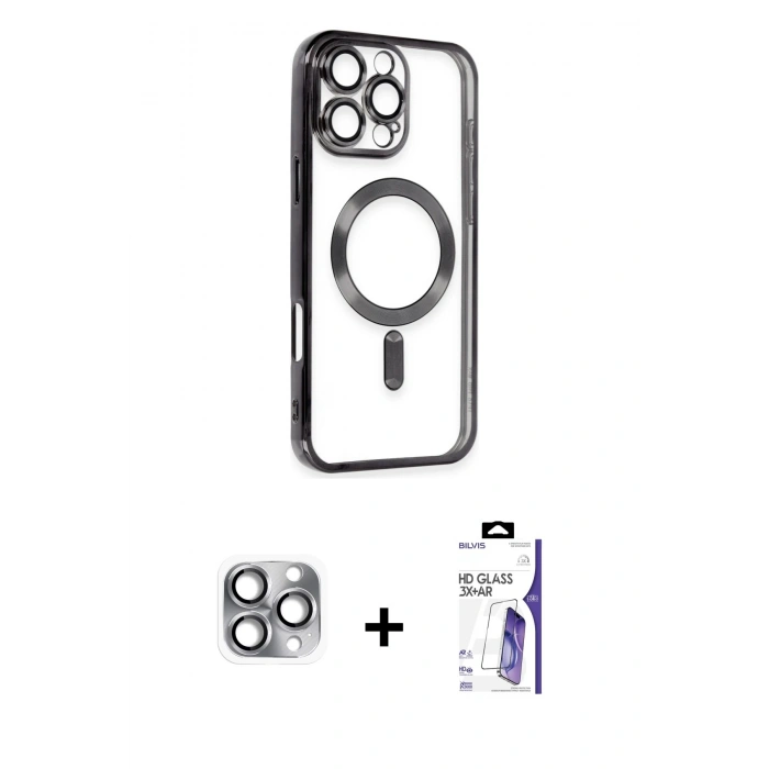 MARSİLYAN™- iPhone 16 Pro Max Kılıf Nova Işık Özel Seri - Siyah Bilvis 3X AR HD Cam Ekran Koruyucu + Pers Alüminyum Kamera Lens - GI