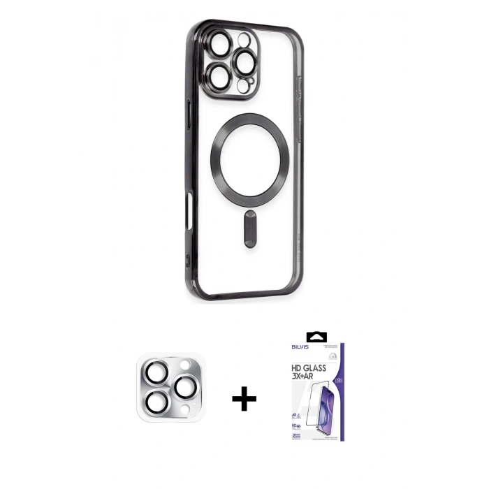 MARSİLYAN™- iPhone 16 Pro Max Kılıf Nova Işık Özel Seri - Siyah Bilvis 3X AR HD Cam Ekran Koruyucu + Pers Alüminyum Kamera Lens - GS