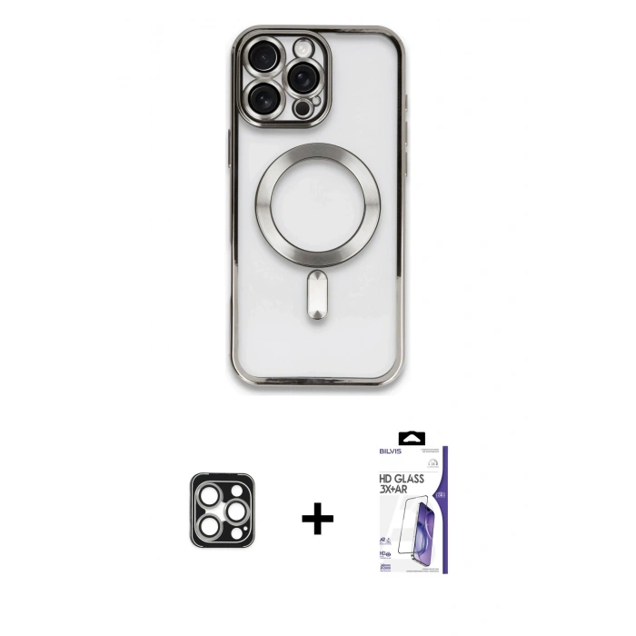 MARSİLYAN™- iPhone 16 Pro Max Kılıf Nova Işık Özel Seri - Siyah Bilvis 3X AR HD Cam Ekran Koruyucu + PVD Metal Kamera Lens - GS
